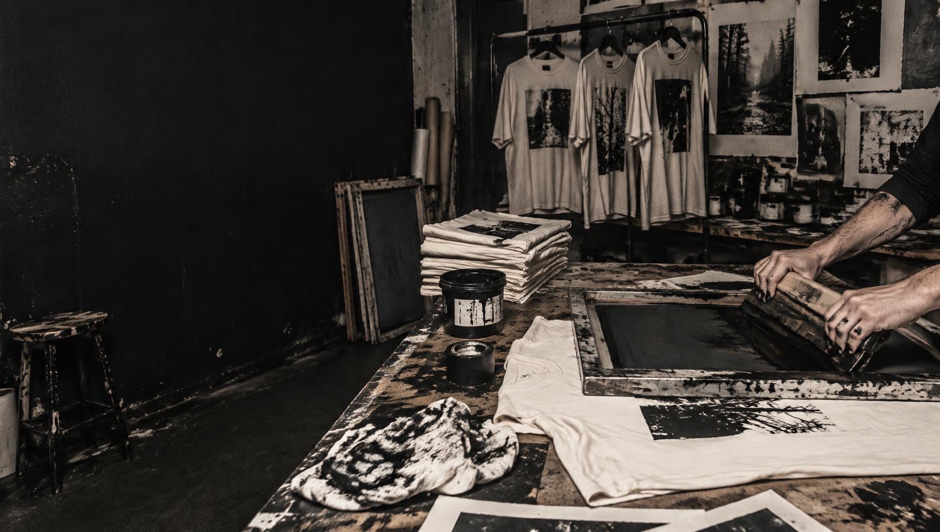 A screen-print artist pulling black ink across a shirt in an independent studio